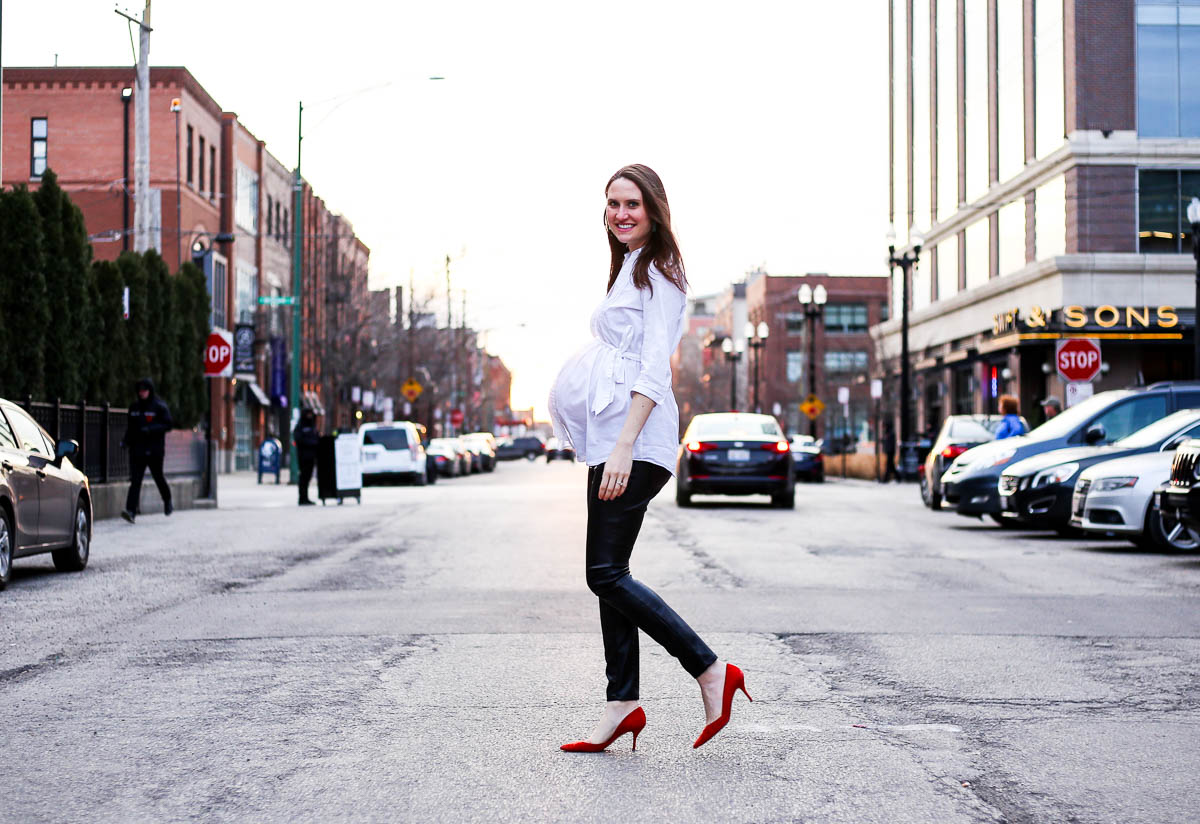 Red pumps with on sale jeans