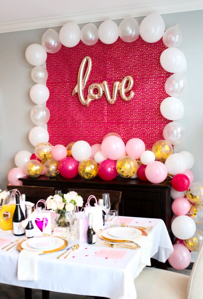 Galentines Day Party Decor - Roses, bottles and balloons