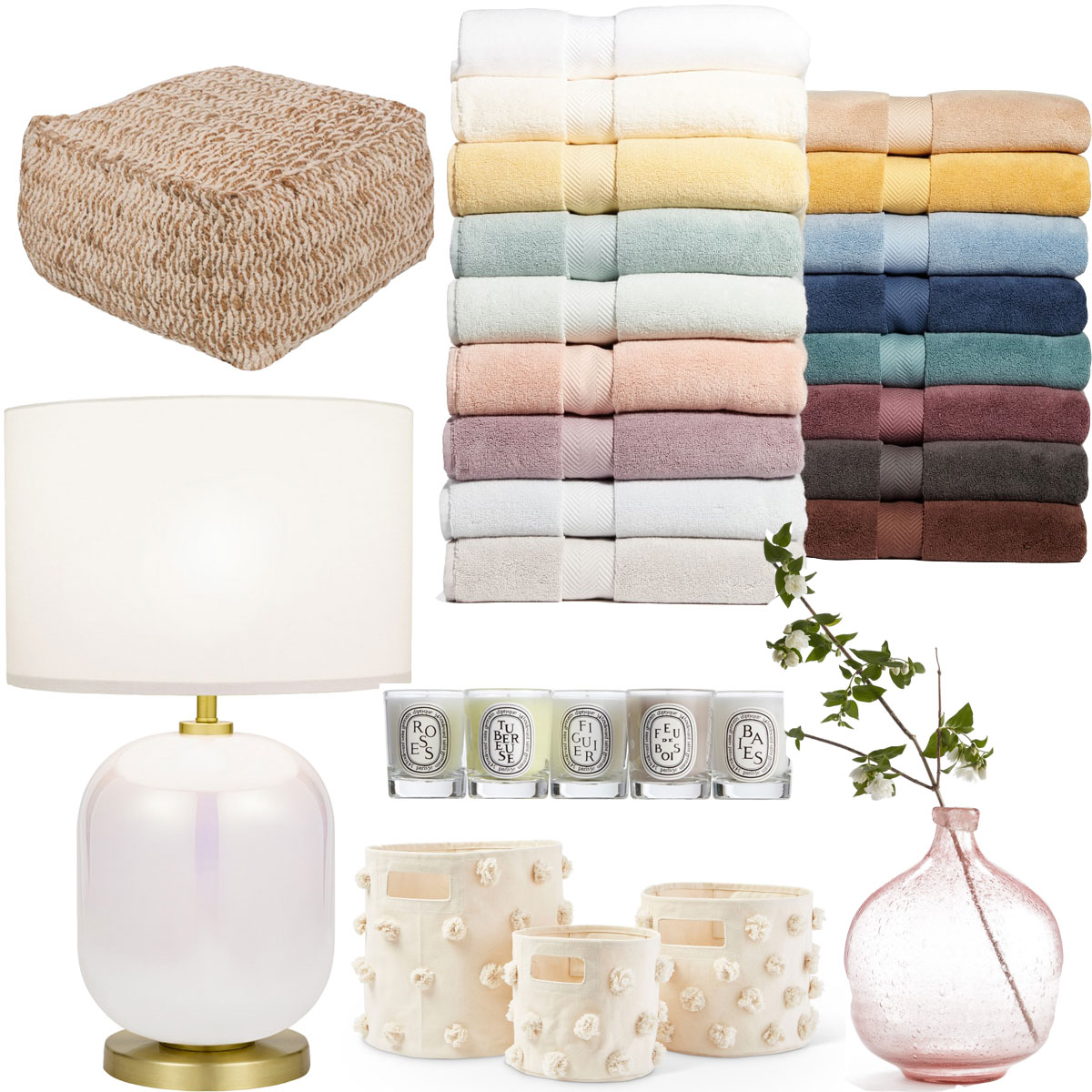 Oak Cover Jute & Cotton Puff, Hydrocotton Bath Towels, Treasure & Bond Large Glass Vase, Pom Set of 3 Canvas Bins; Diptyque Candle Set, Cupcakes and Cashmere Iridescent Table Lamp