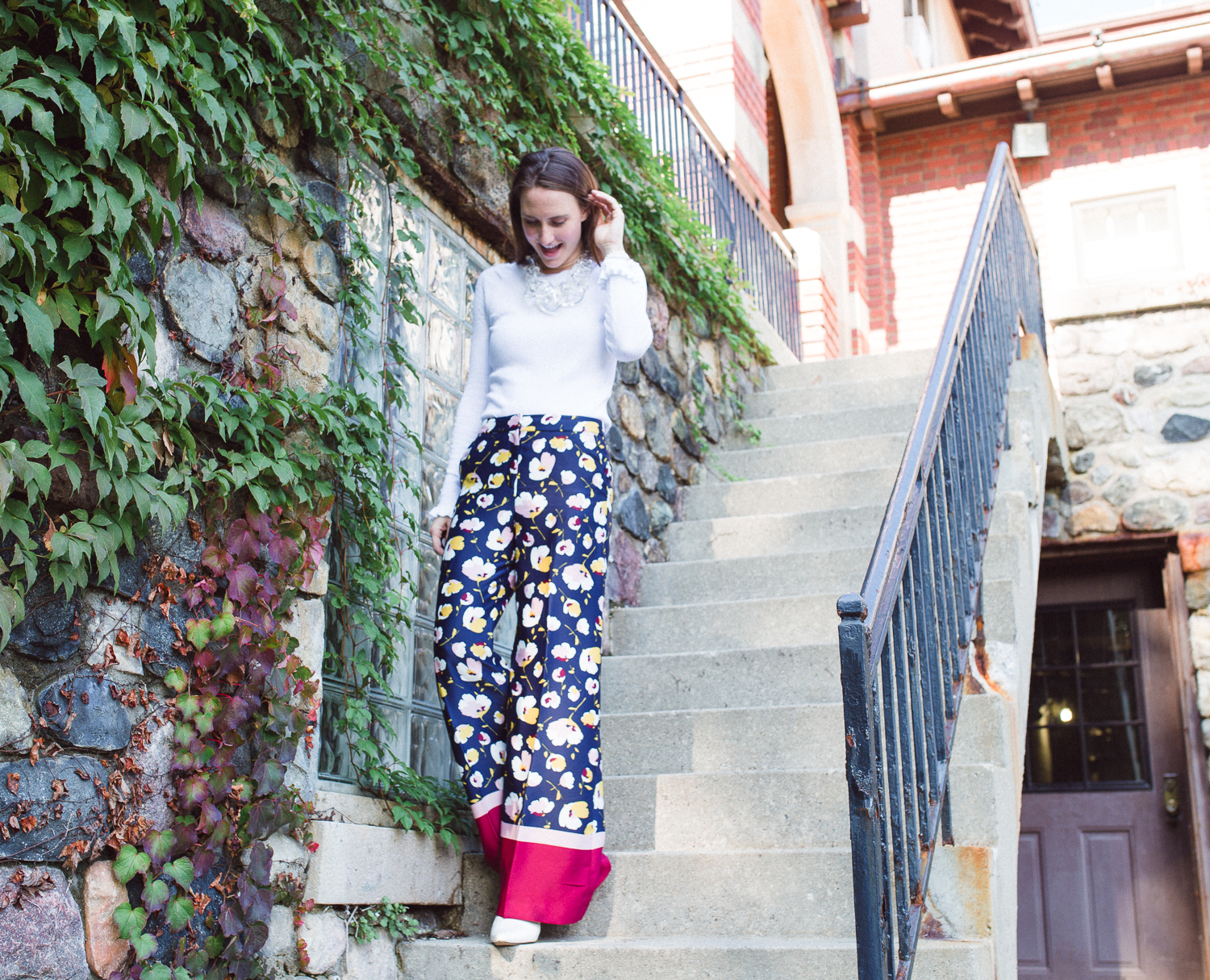 Pants: Boden Hotch Potch Hem Wide Leg Pants | Booties: Halogen Bergen Booties. | Top: Ruffle Sleeve Sweater from Ann Taylor.