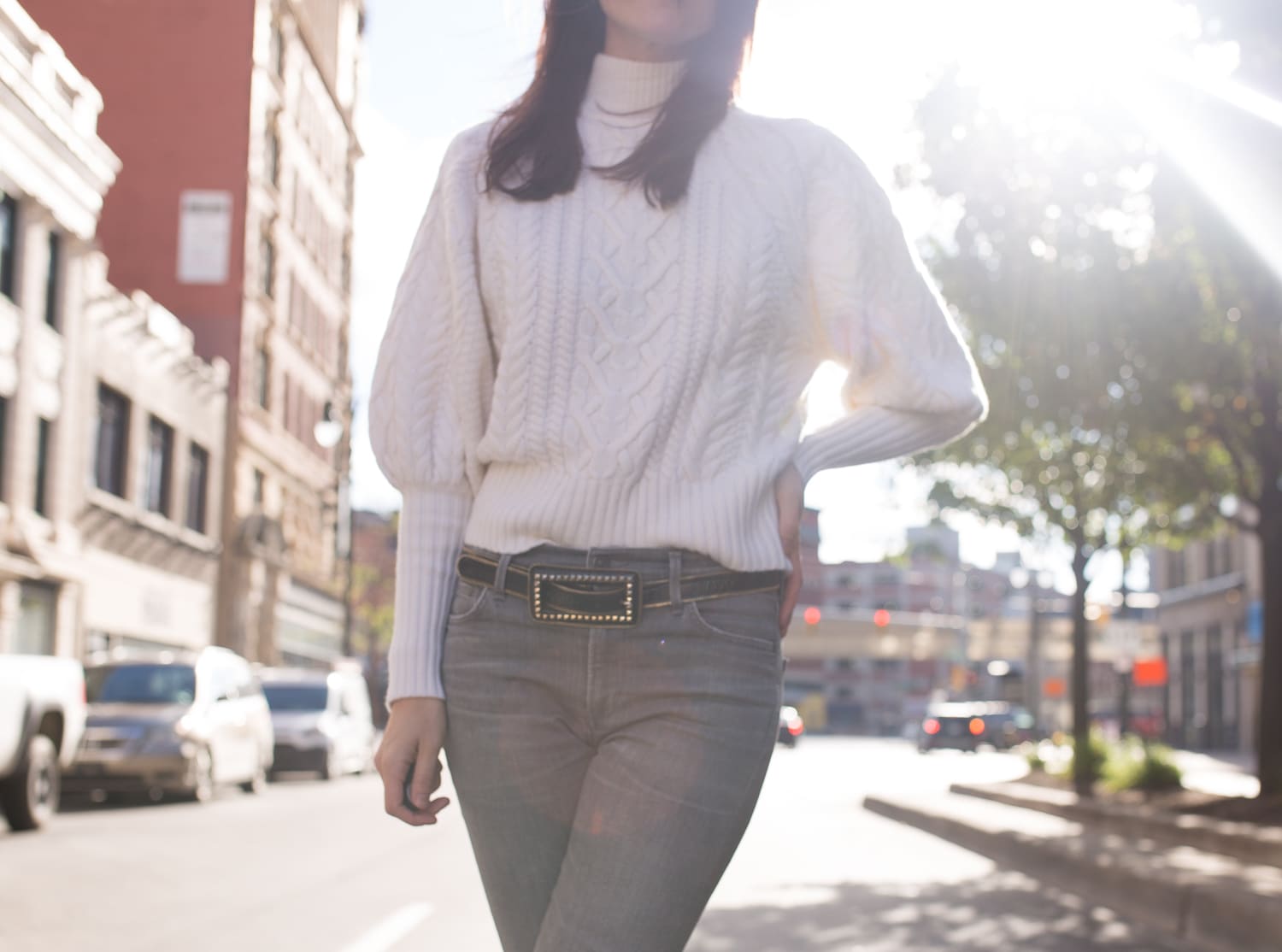 White Balloon Sleeve Turtleneck Sweater.