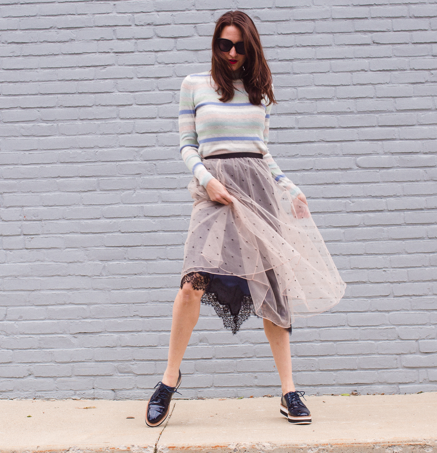 Top: Shimmer Stripe Sweater.