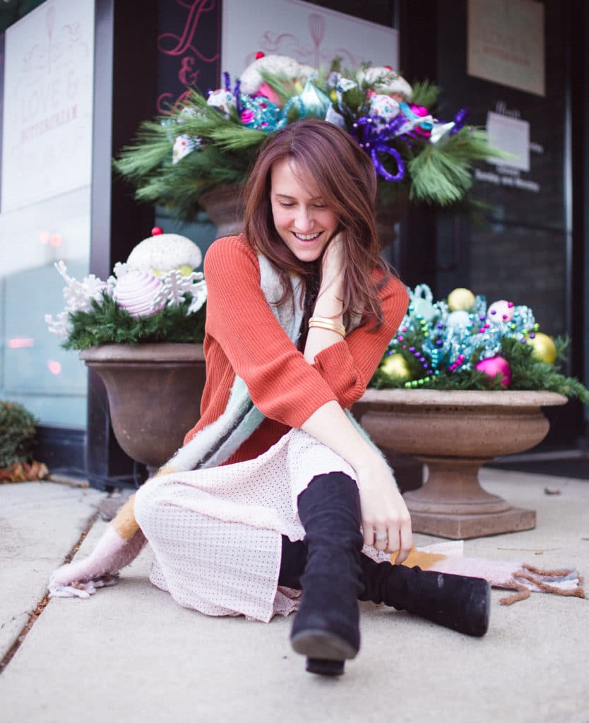 I suggest pairing a cute sweater with a midi skirt (Shop adorable finds here!) and over the knee boots this winter?