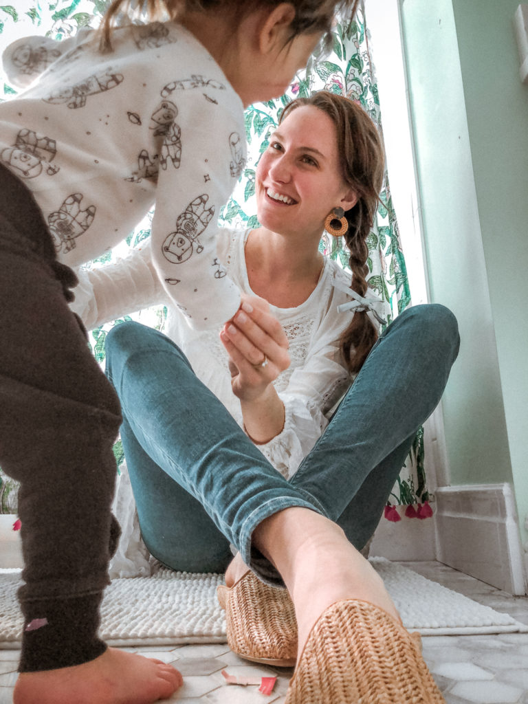 Josephine and I, embracing a little dance party. // Shoes: Dolce Vita Raffia Mules | Top: Kiss Kiss Free People | Earrings: Sashi Barbados Earrings.