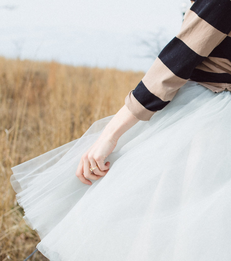 J.Crew rugby shirt, tulle skirt