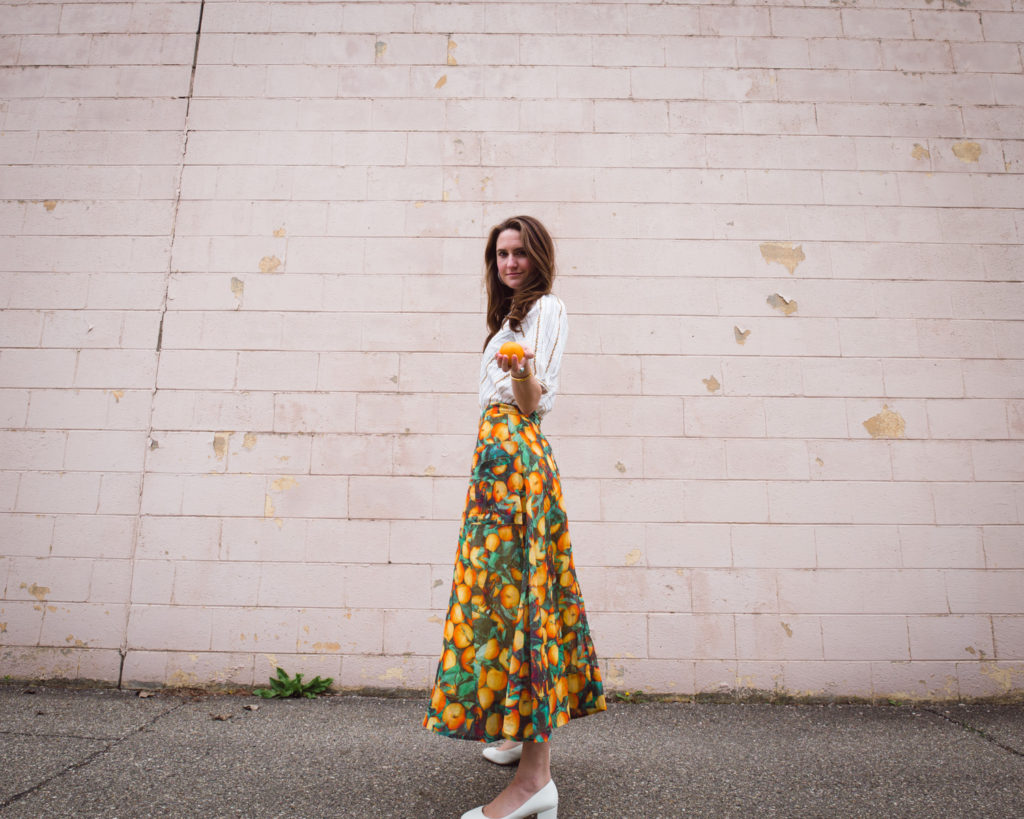 orange print midi skirt