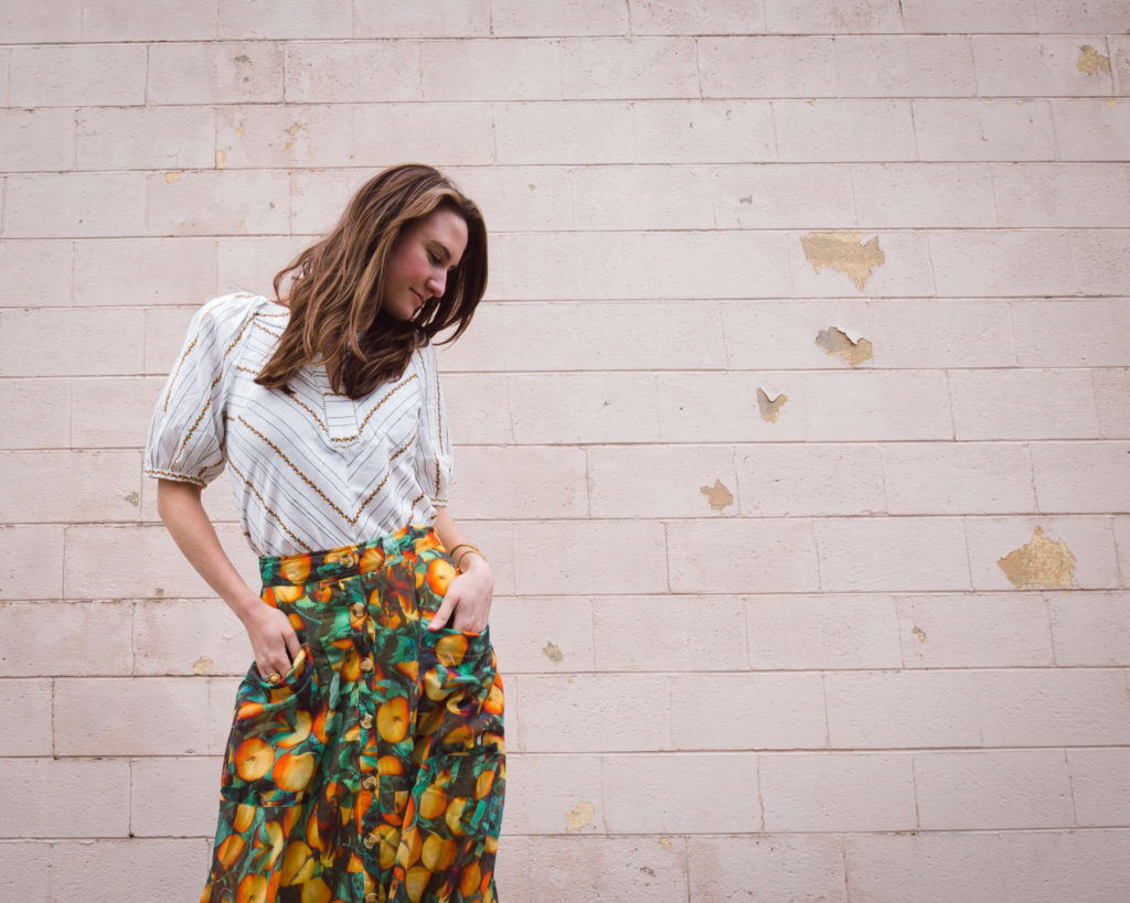 orange print midi skirt