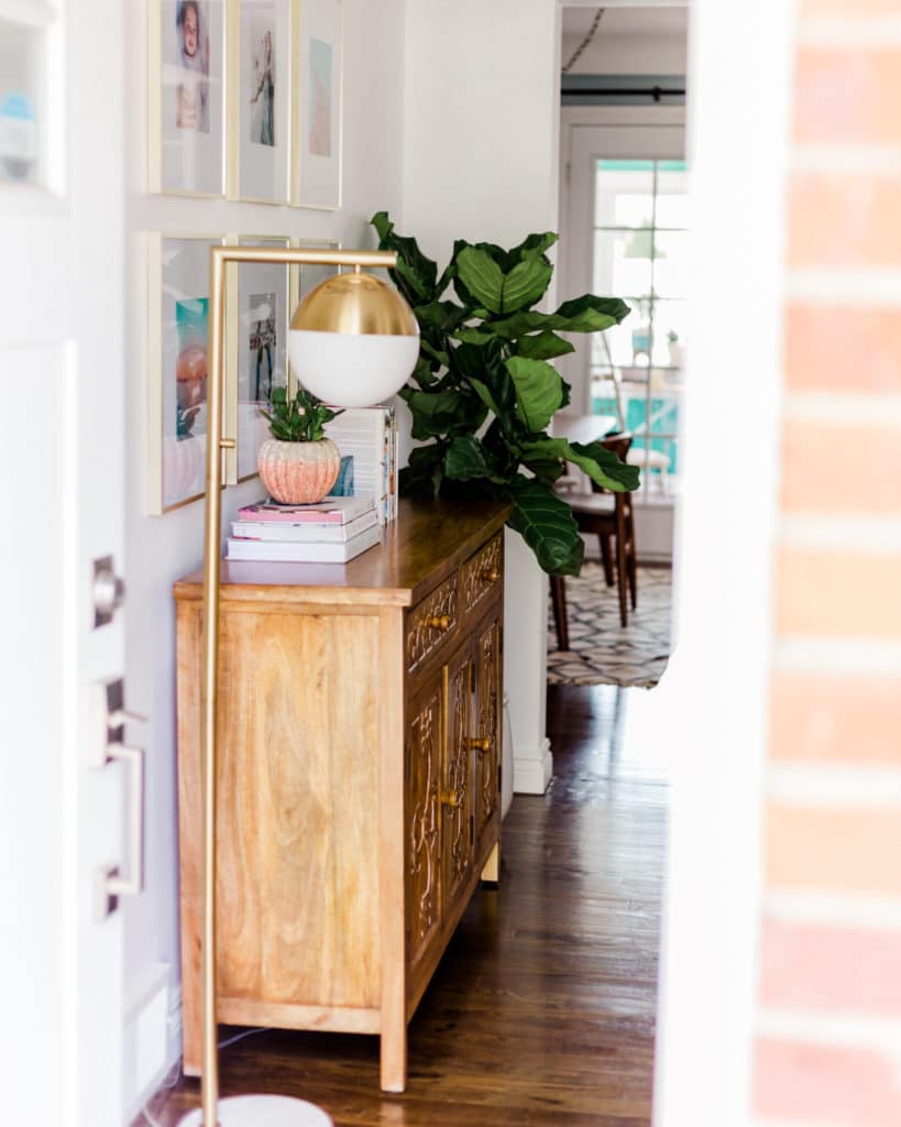 Wood cabinet, boho decor. gold accent lamp