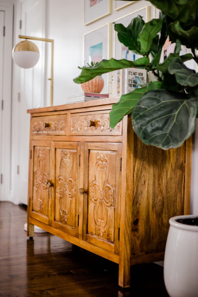 Wood cabinet, boho interior decor