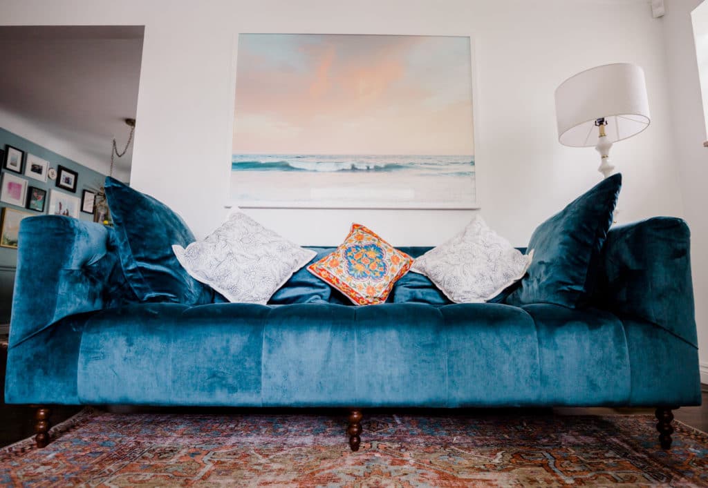 Sapphire blue couch, boho style interior decor, Interior Define