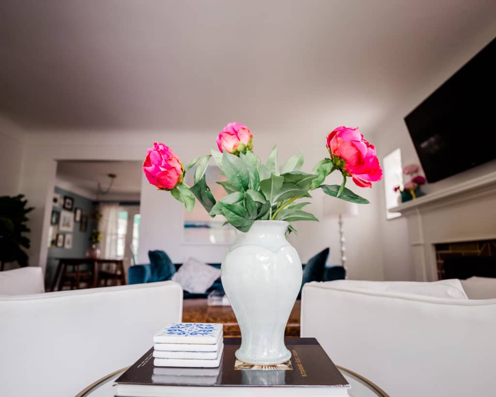 Pink peonies in blue vase