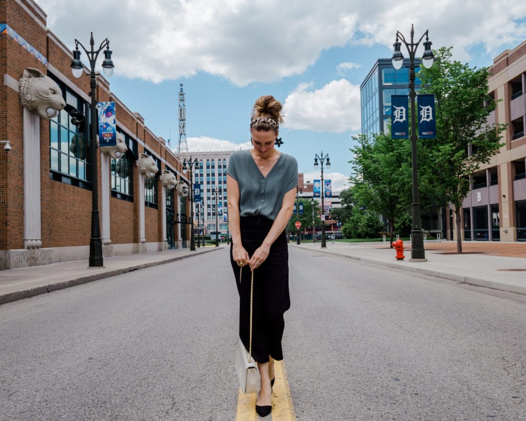 Black crop pants, Tory Burch purse, Good Neighbor Detroit, Leopard headband