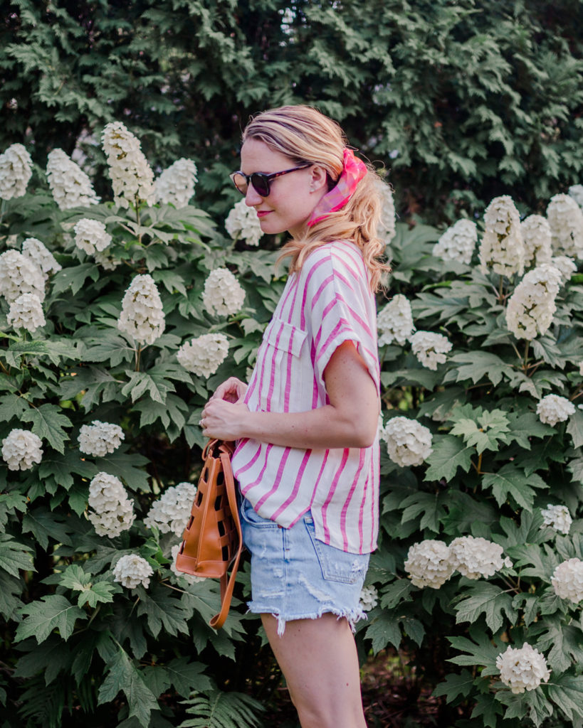 Anthropologie style, scarf in hair, jean shorts
