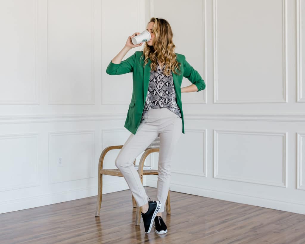 Green blazer, snakeskin blouse, how to style sneakers