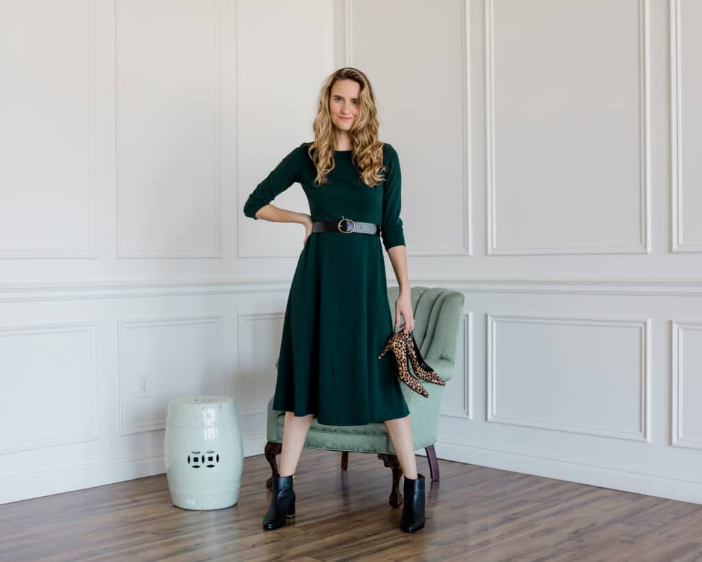 Green midi dress, midi dress and booties, leopard heels