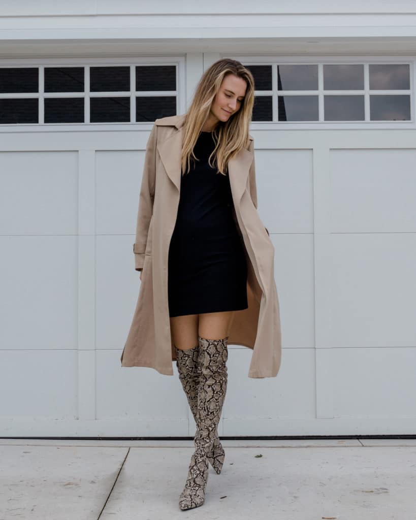 Over the knee snakeskin boots, classic trench coat, black dress, summer to fall fashion transition
