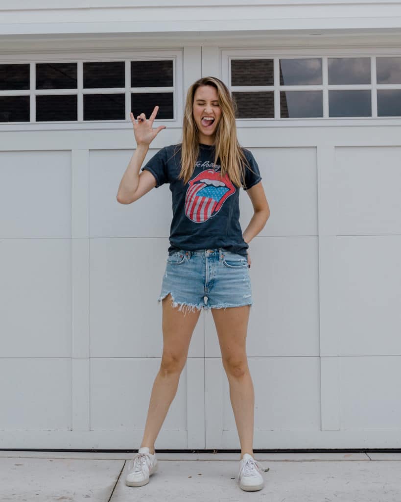 Rolling Stones graphic tee, Agolde jean shorts, VEJA sneakers