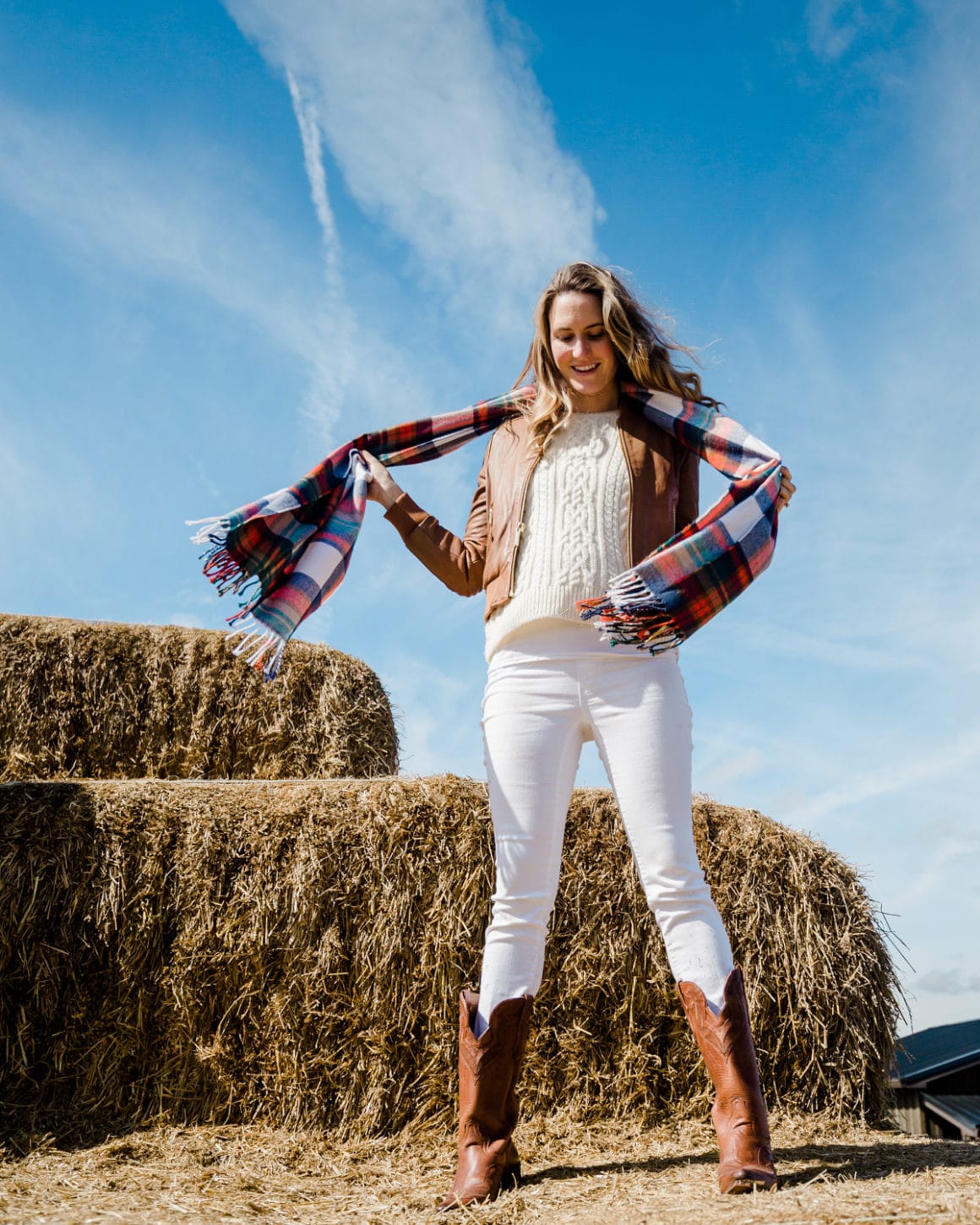 Plaid scarf, chunky white sweater, white jeans | A Fairy Tale Fall Bucket List