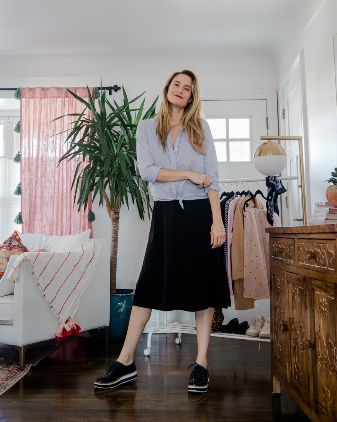 Everlane relaxed poplin shirt, black slip dress