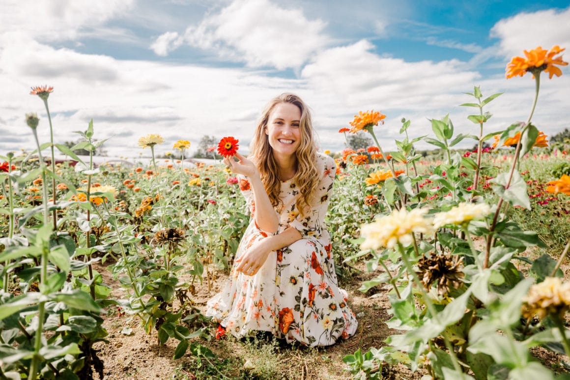 Vanhoutte Farms flowers Lela Rose Maxi dress outfit