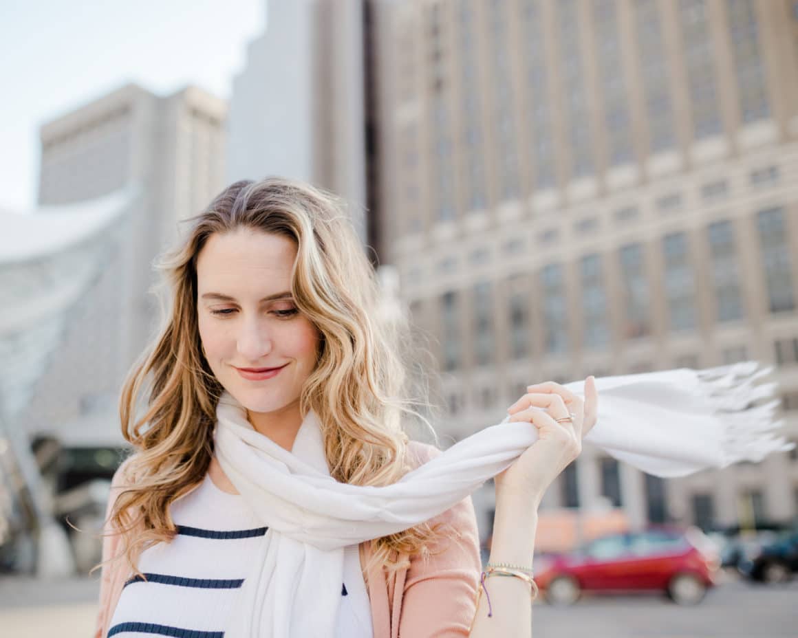 White scarf and a stripe dress White scarf and a stripe dress