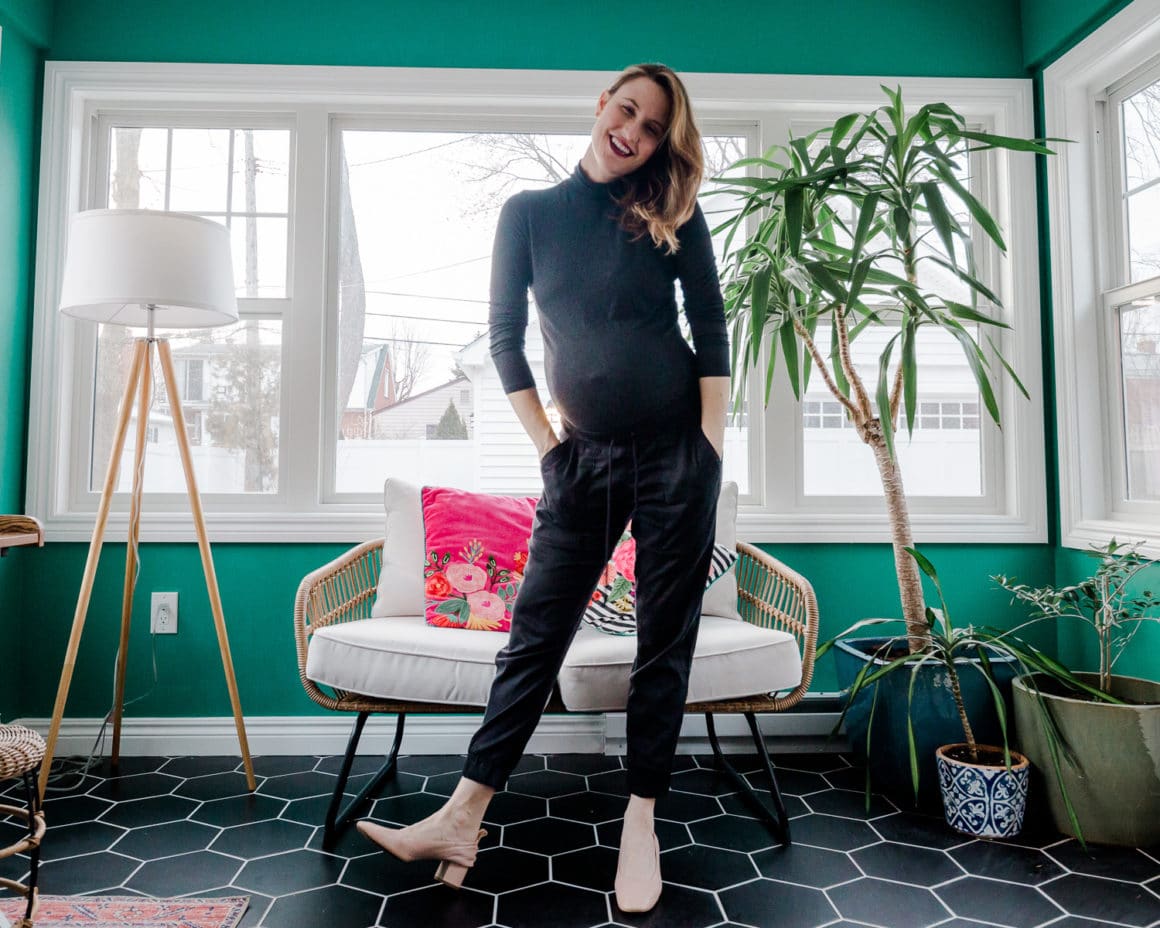 maternity turtleneck Cloth and Stone Joggers, Everlane heels, maternity turtleneck