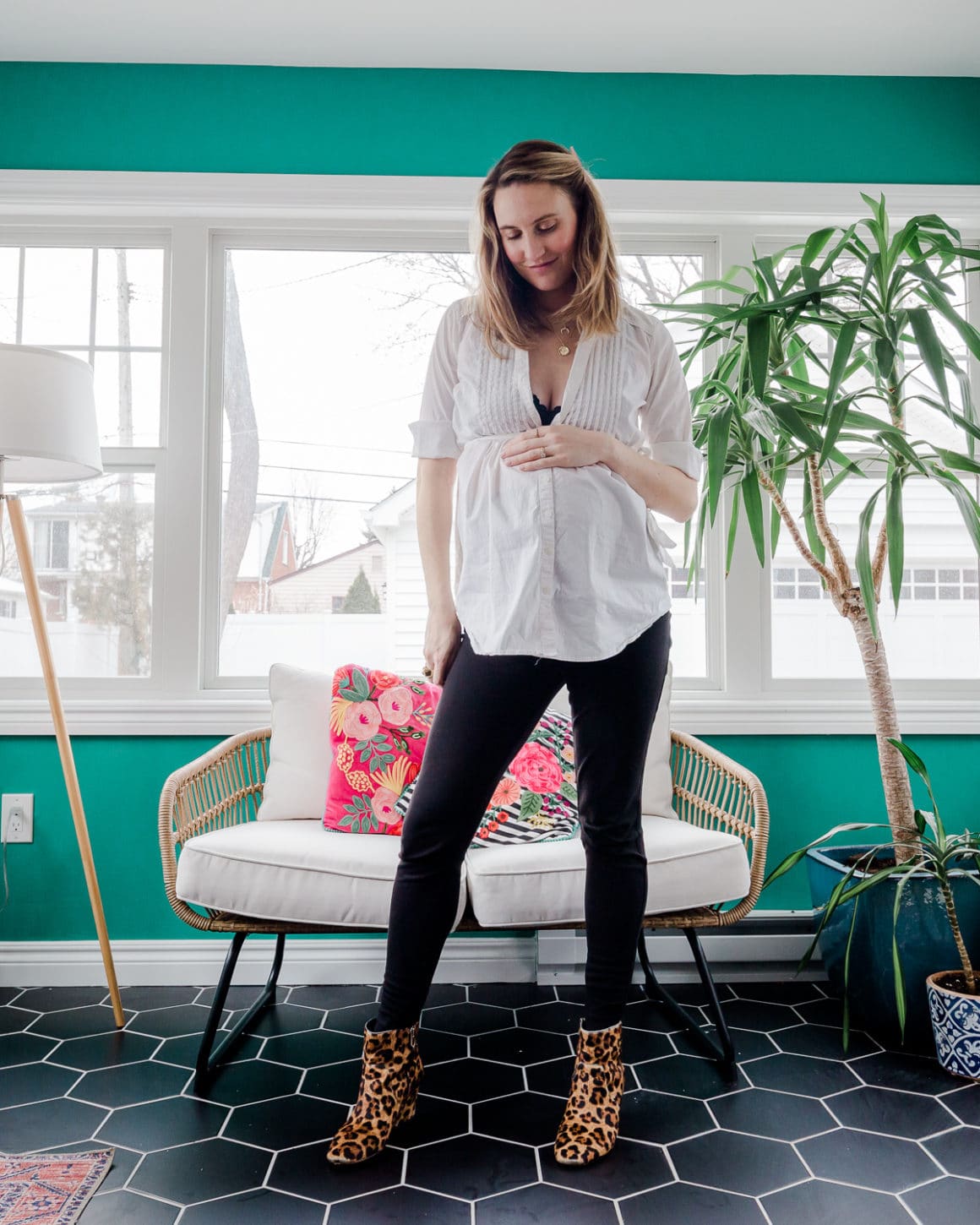 maternity outfits Black bralette, leopard booties, maternity wear