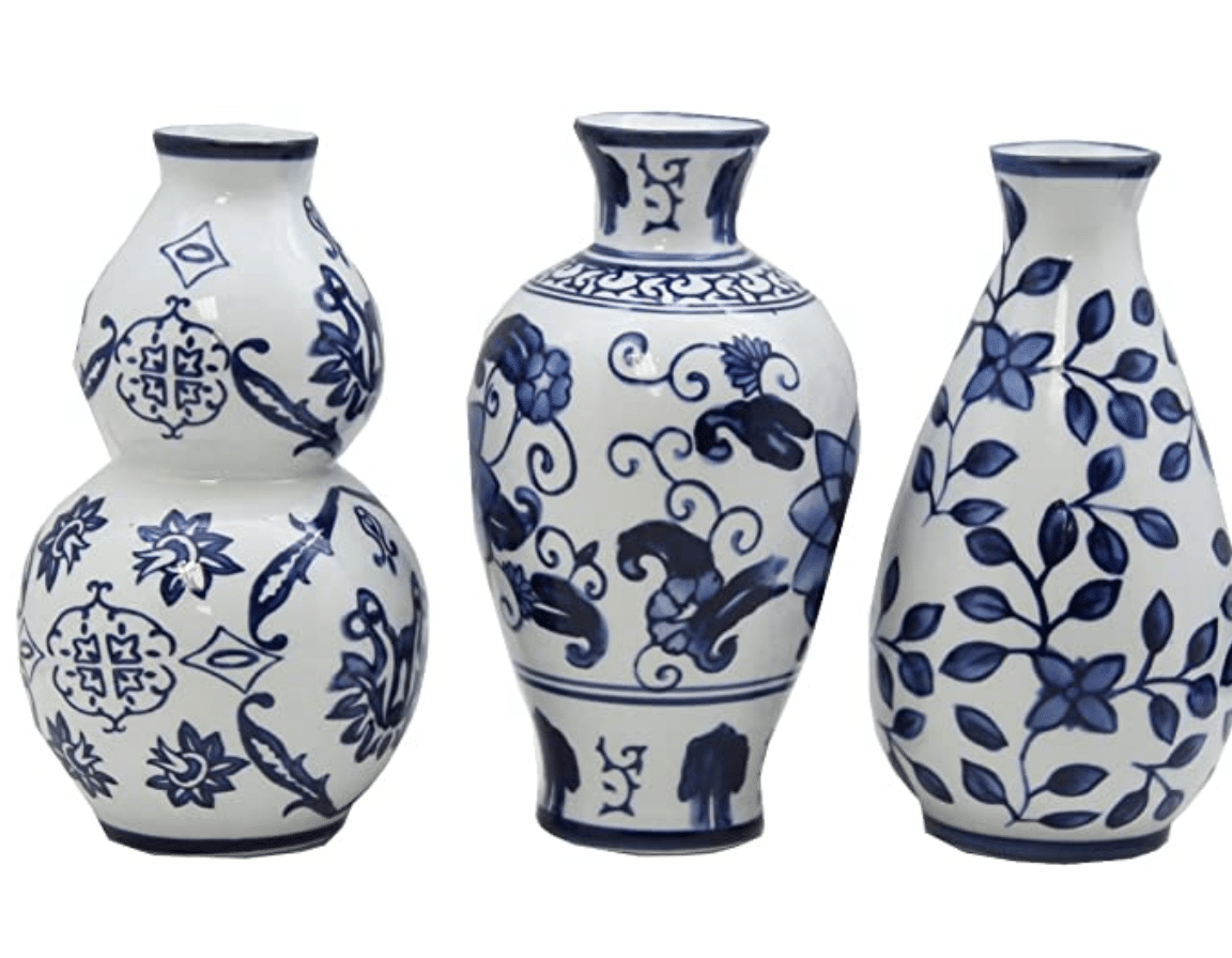 Floral White and Blue Vases (Set of 3)